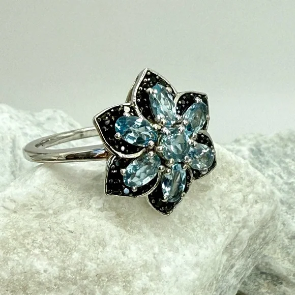 NWT Santa Maria Aquamarine & Black Spinel Daisy Ring Sz 10 Platinum 925 1.25ctw - Picture 12 of 17